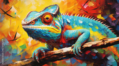 Playful abstract oil acrylic painting illustration of charming chameleon palette knife on canvas