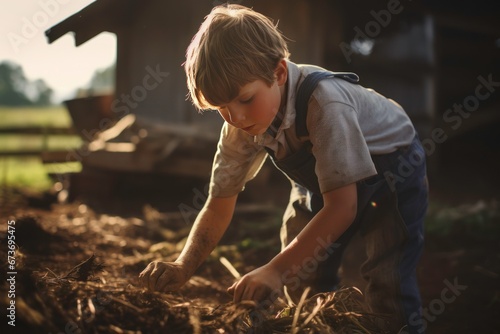 Adorable Young boy working as a farmer.