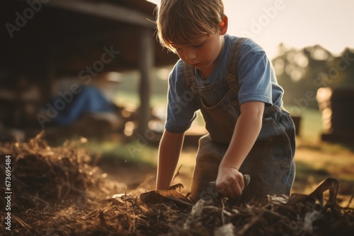 Adorable Young boy working as a farmer.
