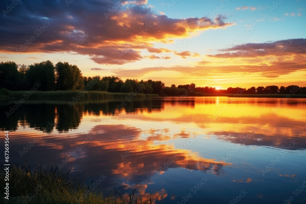 A serene summer lake at sunset with colorful reflections on the water, capturing the tranquility and beauty of summer evenings. A serene summer lake at sunset with colorful reflections on the water, capturing the tranquility and beauty of summer evenings.