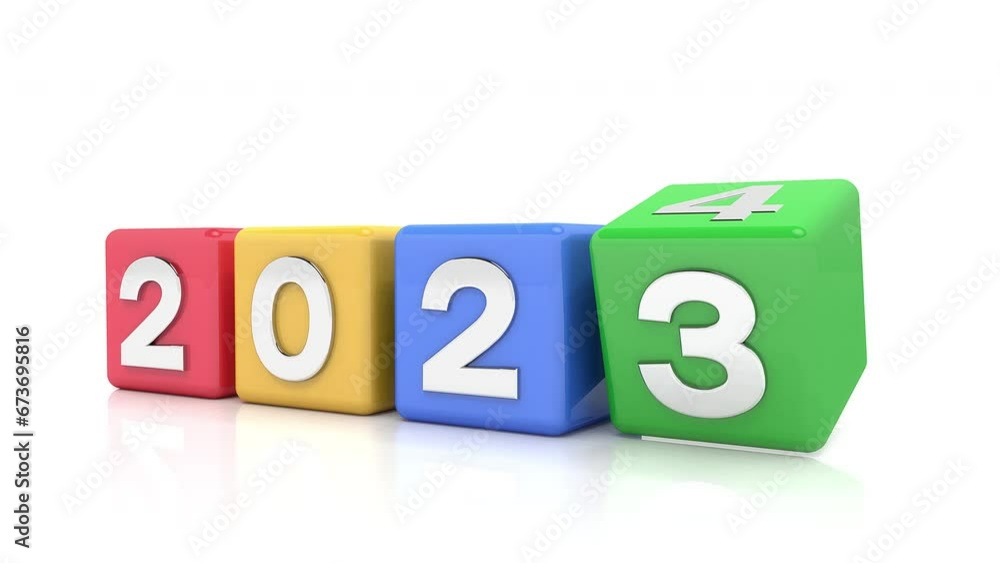 Video animation of colorful cubes with 2023 - 2024 text on white reflective background - represents the new year 2024 - vacation concept. Video animation of colorful cubes with 2023 - 2024 text on white reflective background - represents the new year 2024 - vacation concept.
