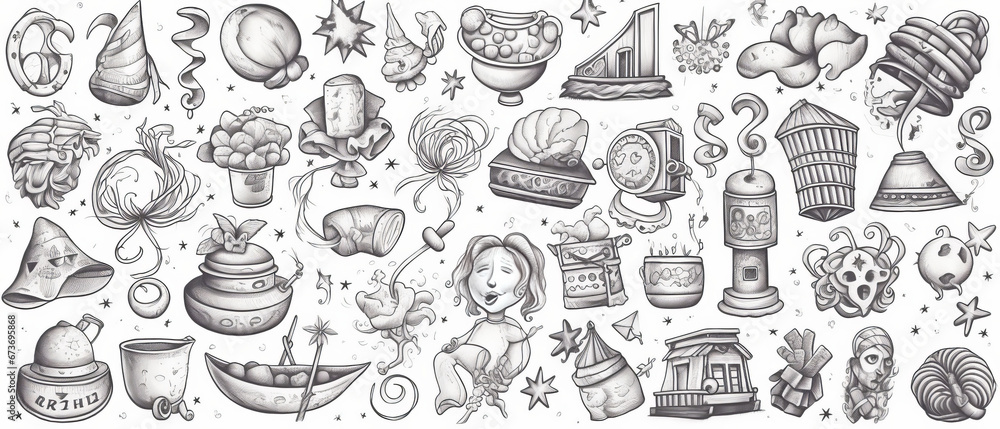Fototapeta premium New Year themed lucky charms hand drawn line drawing illustration on white background ,generative ai
