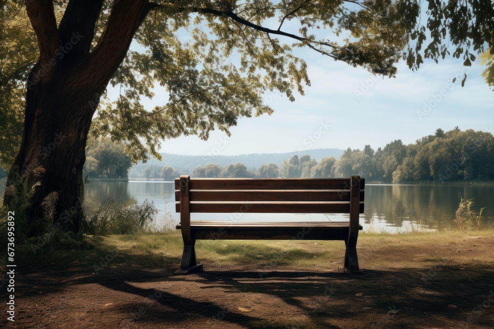 An empty park bench in a tranquil natural landscape, evoking solitude and reflection. An empty park bench in a tranquil natural landscape, evoking solitude and reflection.