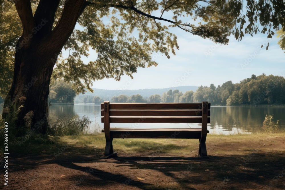 An empty park bench in a tranquil natural landscape, evoking solitude and reflection.