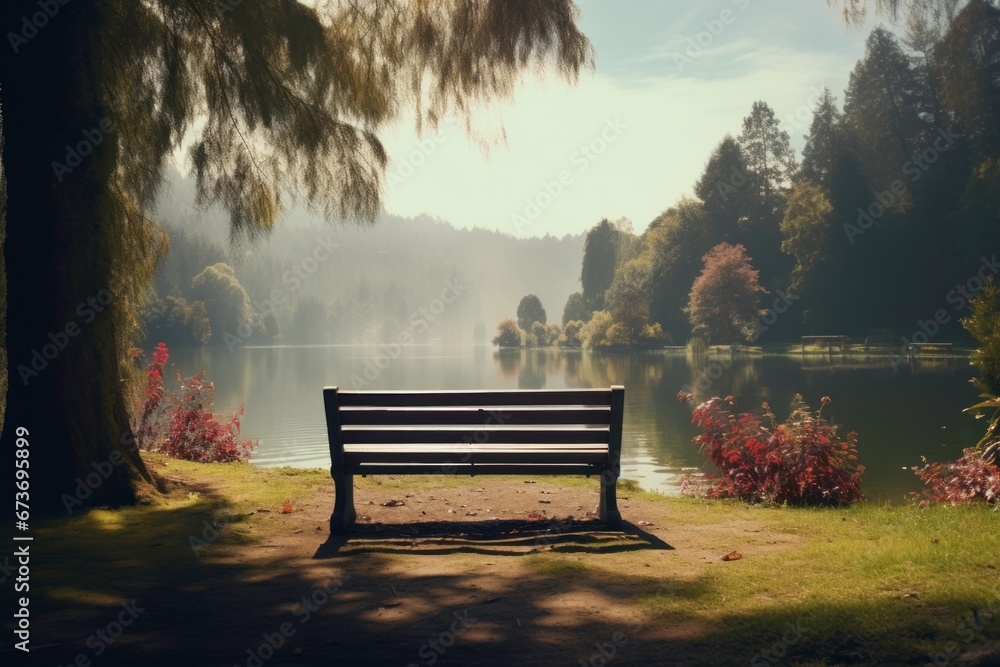 An empty park bench in a tranquil natural landscape, evoking solitude and reflection.