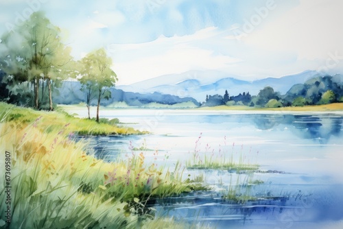 Serene watercolor landscape by a lake