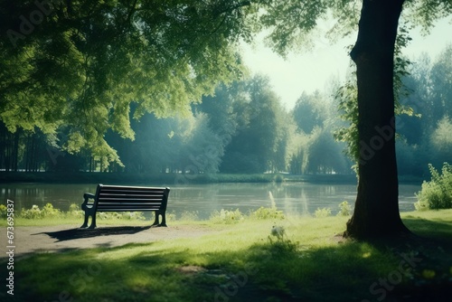 Fotografia An empty park bench in a tranquil natural landscape, evoking solitude and reflection