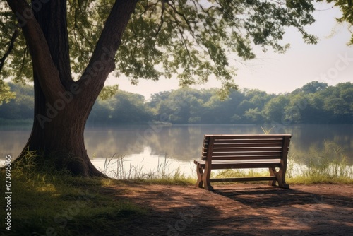 An empty park bench in a tranquil natural landscape  evoking solitude and reflection.