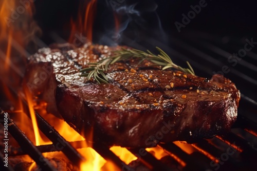 Steak on bbq grill with fire