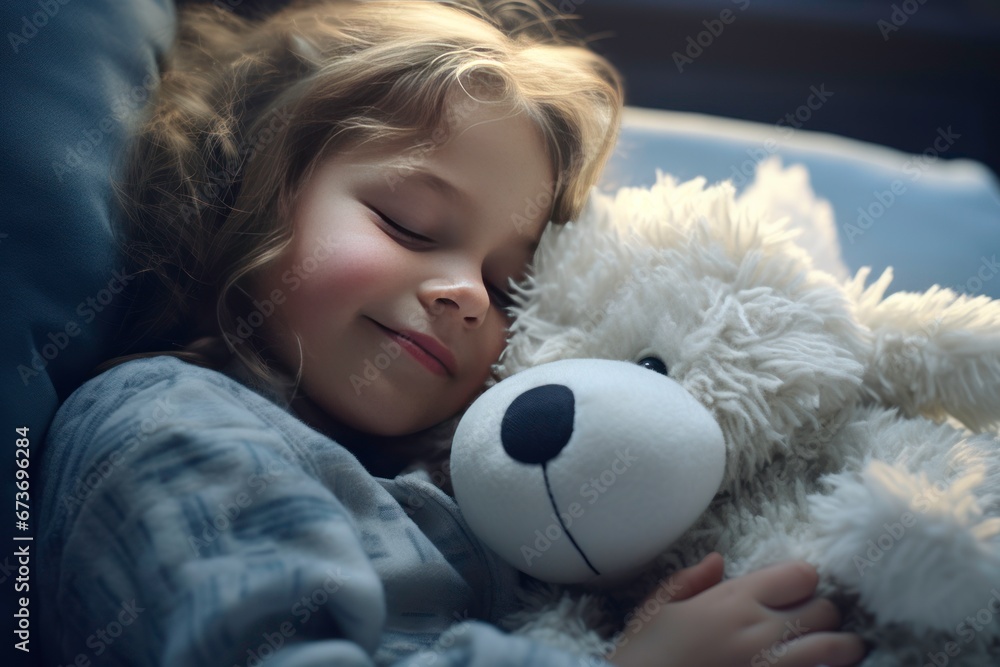 A Young Girl in Cozy Pajamas Embracing a Stuffed Toy A Young Girl in Cozy Pajamas Embracing a Stuffed Toy