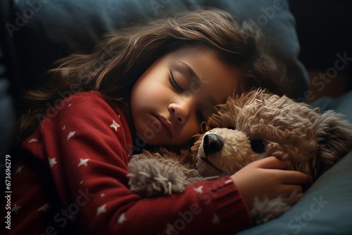 A Young Girl in Cozy Pajamas Embracing a Stuffed Toy
