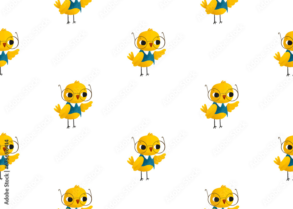 A little rabbit student in round glasses waves his hand. Primary school seamless pattern. Dear student A little rabbit student in round glasses waves his hand. Primary school seamless pattern. Dear student