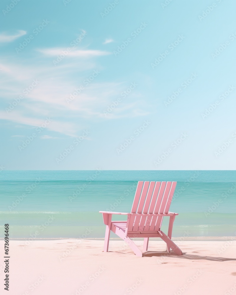 A lone pink chair perched on a sandy beach, basking in the warm summer sun as the vast ocean and clear blue sky stretch endlessly before it