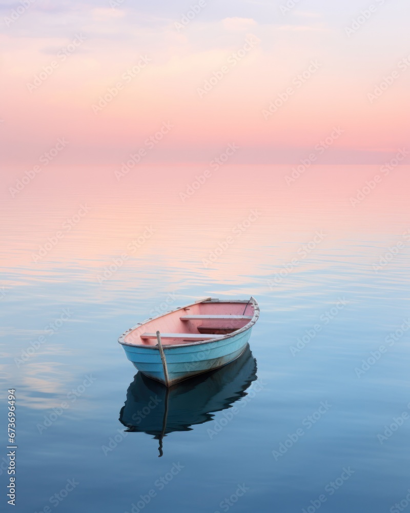 A lone boat glides through the serene waters, as the sky transforms from a fiery sunrise to a tranquil sunset, reflecting its beauty onto the calm surface of the lake