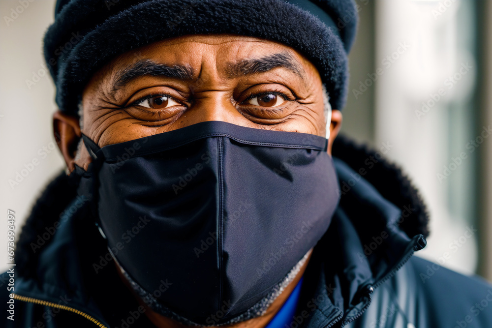 An old black man wearing protective mask. COVID 19. Mask-Wearing with Confidence. Generative AI An old black man wearing protective mask. COVID 19. Mask-Wearing with Confidence. Generative AI