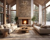 Cozy and inviting, a stone fireplace glows in the den of an indoor oasis, adorned with plush couches and a loveseat, surrounded by walls of windows and a high ceiling in this stunning house