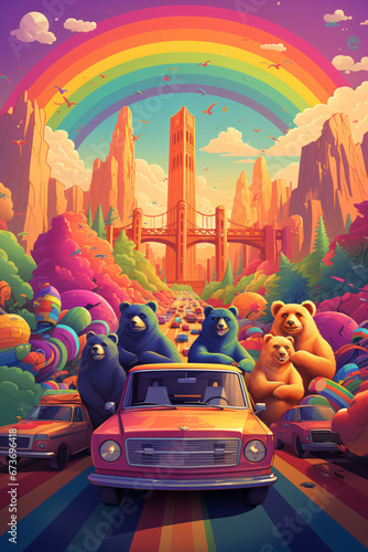 bear family travel in a truck across a town and rainbow forest. photo
