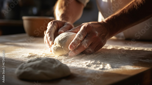 Close up of hand kneading the dough on the table in the kitchen photo