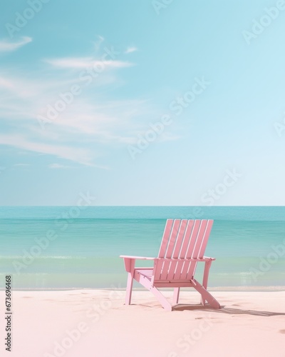 A lone pink chair perched on a sandy beach, basking in the warm summer sun as the vast ocean and clear blue sky stretch endlessly before it © mockupzord