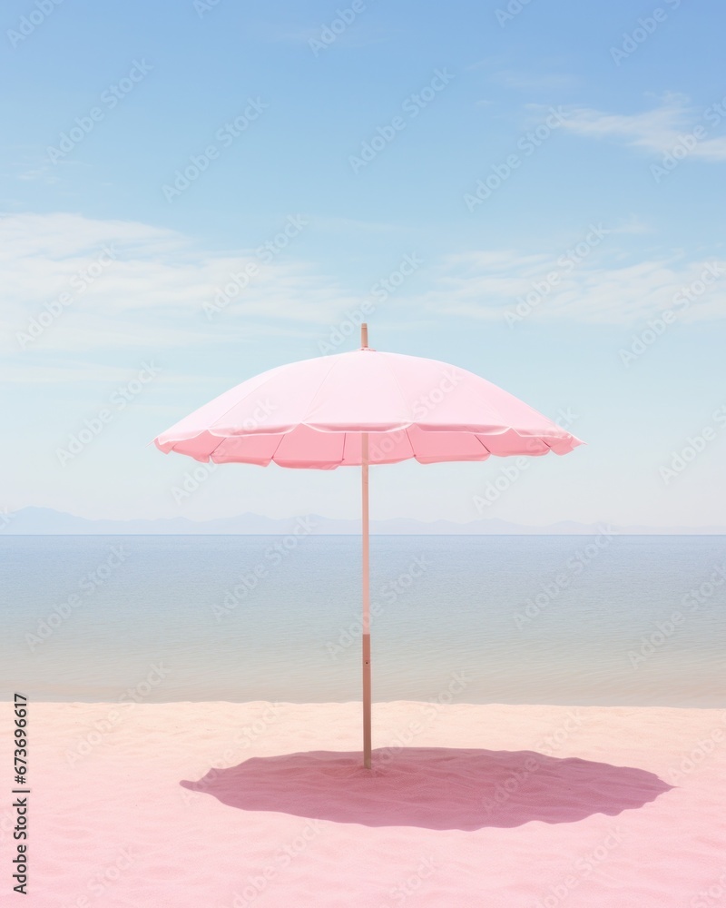 A pastel sky stretches above a serene beach landscape, where a vibrant pink umbrella stands tall against the white clouds, providing shelter from the wild and unpredictable outdoors