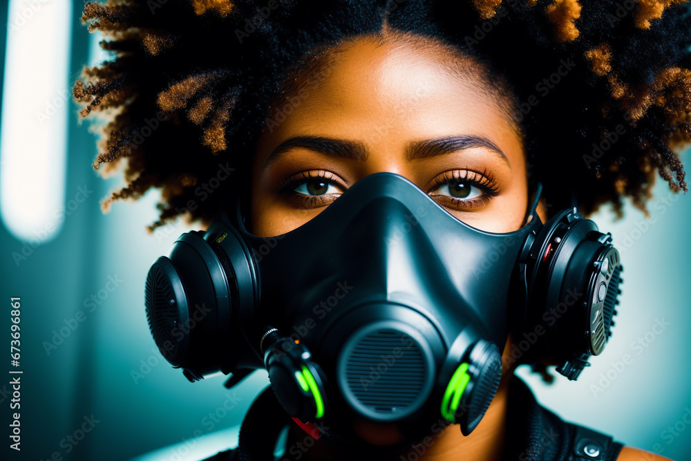 A woman wearing futuristic protective mask. COVID 19. Mask-Wearing with Confidence. Generative AI A woman wearing futuristic protective mask. COVID 19. Mask-Wearing with Confidence. Generative AI