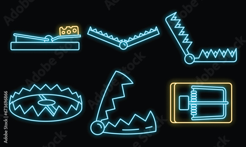 Bear trap icons set. Outline set of bear trap vector icons neon color on black photo