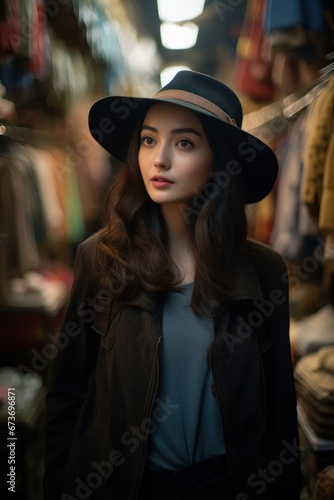 A fashion-forward woman confidently rocks a fedora and jacket, adding a touch of street style to her indoor look