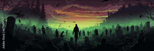 Black silhouette of zombies on cemetery background