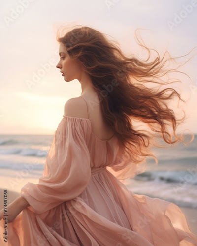 A free-spirited woman in a flowing dress dances among the crashing waves, her hair whipping in the salty ocean breeze as she embraces the endless sky above her on the sandy beach