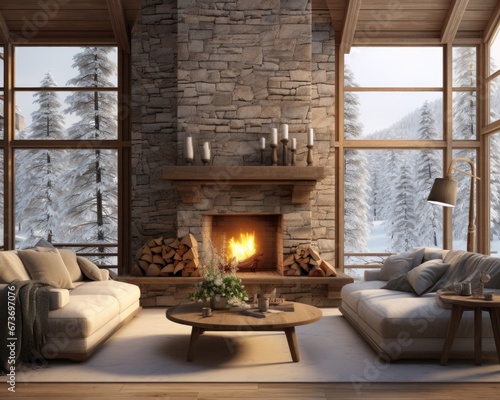Amidst the cozy ambiance of an indoor living room, a stone fireplace stands tall against the wall, casting a warm glow upon the loveseat and couches below as the flickering flames dance in the hearth © mockupzord