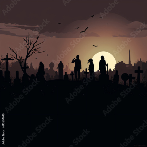 Black silhouette of zombies on cemetery background