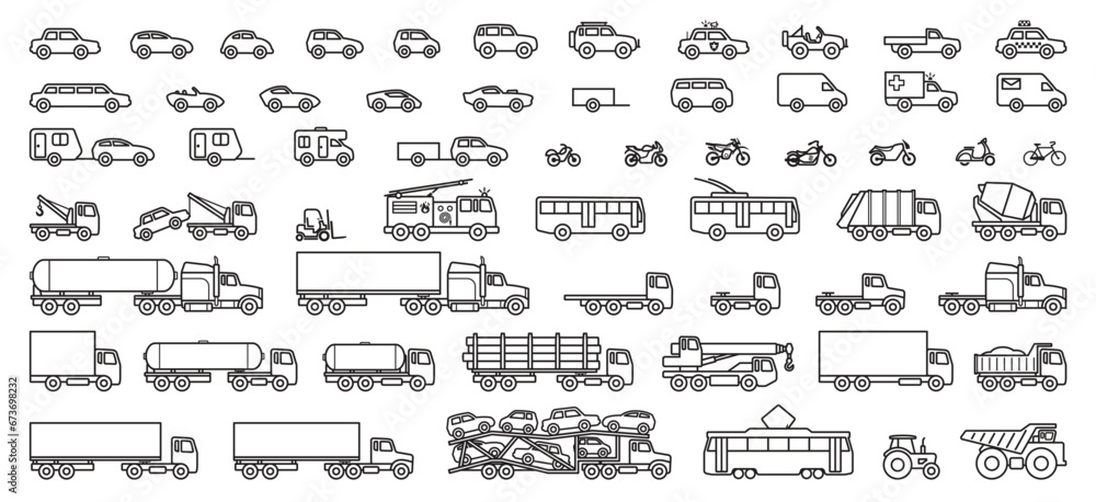 large set of simple vehicle line silhouettes - obrazy, fototapety, plakaty 