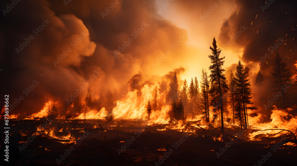 A striking photograph of a raging wildfire consuming a forest, emphasizing the destructive power and increasing frequency of wildfires exacerbated by climate change.