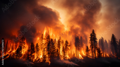 A striking photograph of a raging wildfire consuming a forest, emphasizing the destructive power and increasing frequency of wildfires exacerbated by climate change.