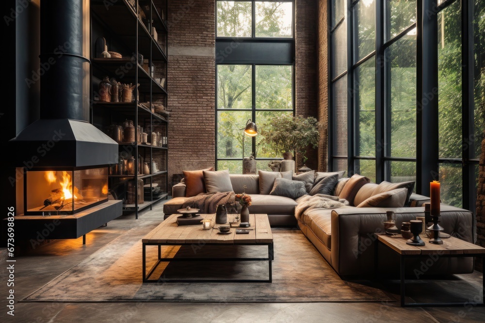 Interior of spacious loft in a house with large windows, sofa and a fireplace near the forest Interior of spacious loft in a house with large windows, sofa and a fireplace near the forest
