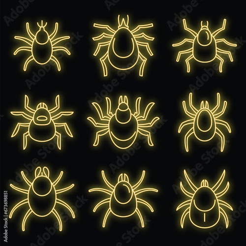 Dust mite icons set. Outline set of dust mite vector icons neon color on black
