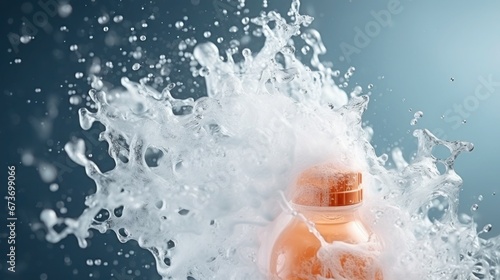 Orange bottle with screw cap under a stream of exploding water with splashes at blue background photo