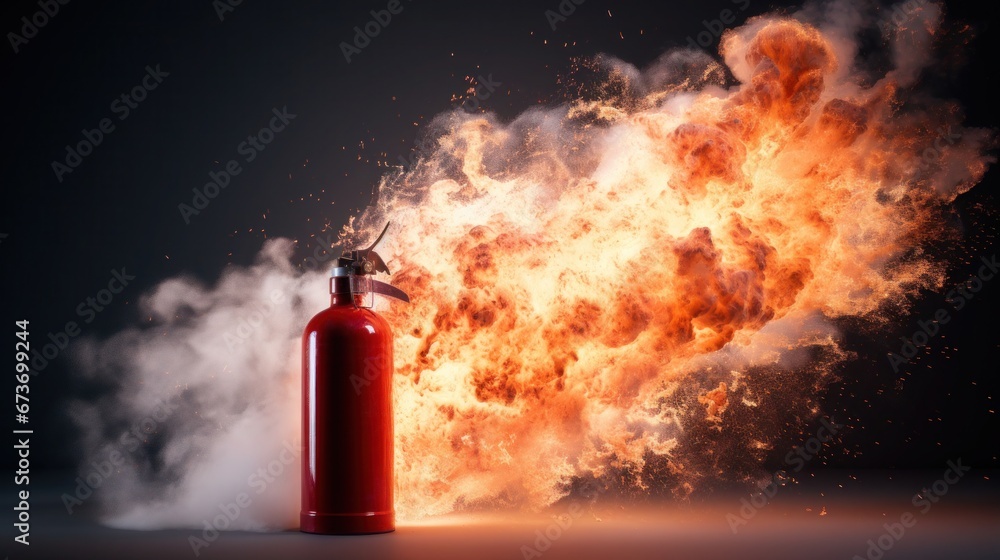 Fire extinguisher in front of an explosion cloud with sparks and smoke - obrazy, fototapety, plakaty 