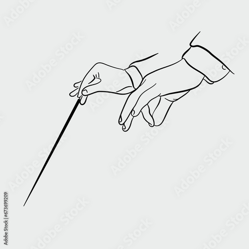 Hands with a conductor's baton. The conductor leads a classical instrumental symphony orchestra. Leader of classical music. Hand drawn vector illustration. photo
