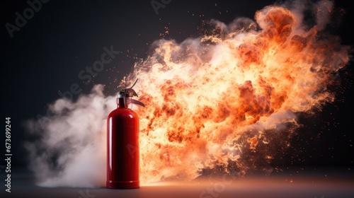 Fire extinguisher in front of an explosion cloud with sparks and smoke