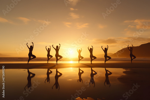 Bask in the serenity of a beach landscape  as friends engage in early morning yoga  the rising sun casting a golden glow   symbolizing harmony  togetherness  and shared holistic wellness.