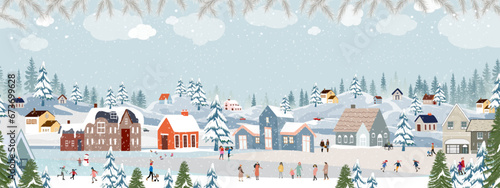 Christmas background,Winter landscape,Celebrating Christmas,New Year 2024 in village at night with people playing ice skate in the park,Vector horizontal banner winter wonderland in village