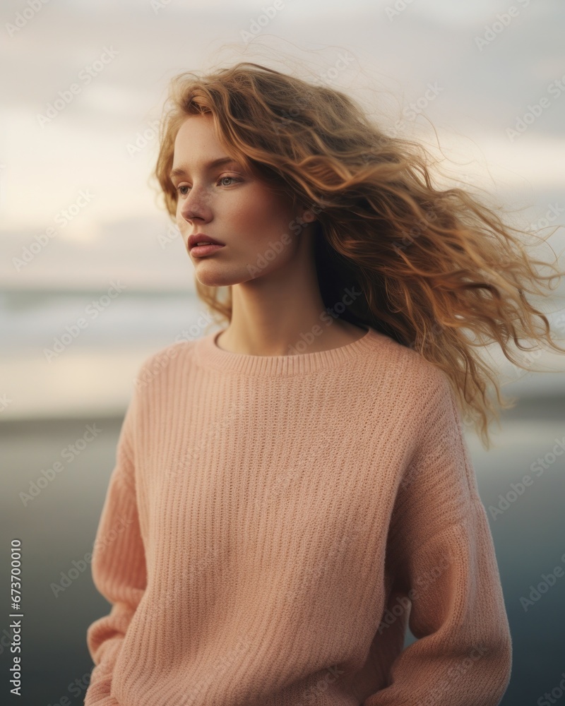 A stylish woman with flowing locks and a vibrant pink sweater adorns her neck, radiating confidence and elegance in an outdoor fashion setting A stylish woman with flowing locks and a vibrant pink sweater adorns her neck, radiating confidence and elegance in an outdoor fashion setting