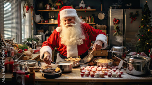 Santa Claus cooking a sumptuous holiday feast in a vibrant bustling kitchen © javier