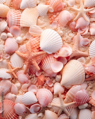 A stunning ocean tableau of seashells and starfish, showcasing the beauty and diversity of invertebrate life through the intricate details of mollusc shells and the graceful movements of shellfish su
