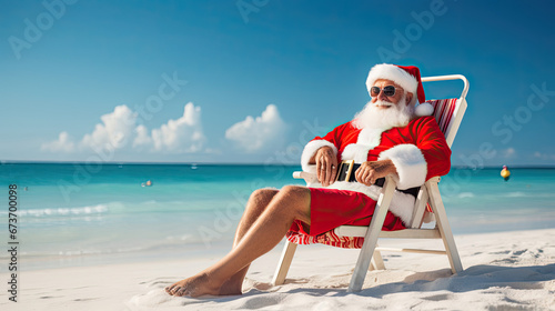 Santa Claus relaxing on a sun-kissed beach with white sands and a turquoise ocean
