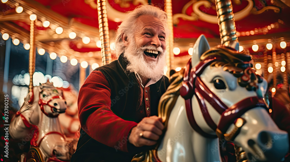 Santa Claus on vibrant carousel ride