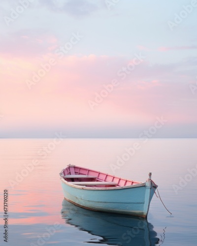 Amidst a tranquil lake at sunrise  a bold red boat glides through the water  its sleek form a symbol of freedom and adventure against the vibrant sky and serene landscape