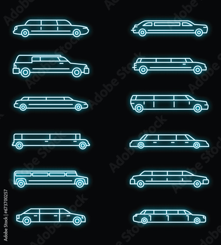 Wedding limousine icons set. Outline set of wedding limousine vector icons neon color on black