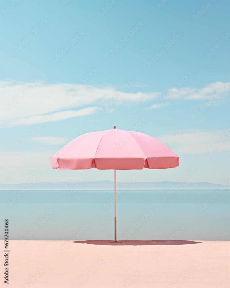 A whimsical pink umbrella dances with the sky and sea, a stylish accessory on the sandy beach that adds a touch of color to the serene landscape